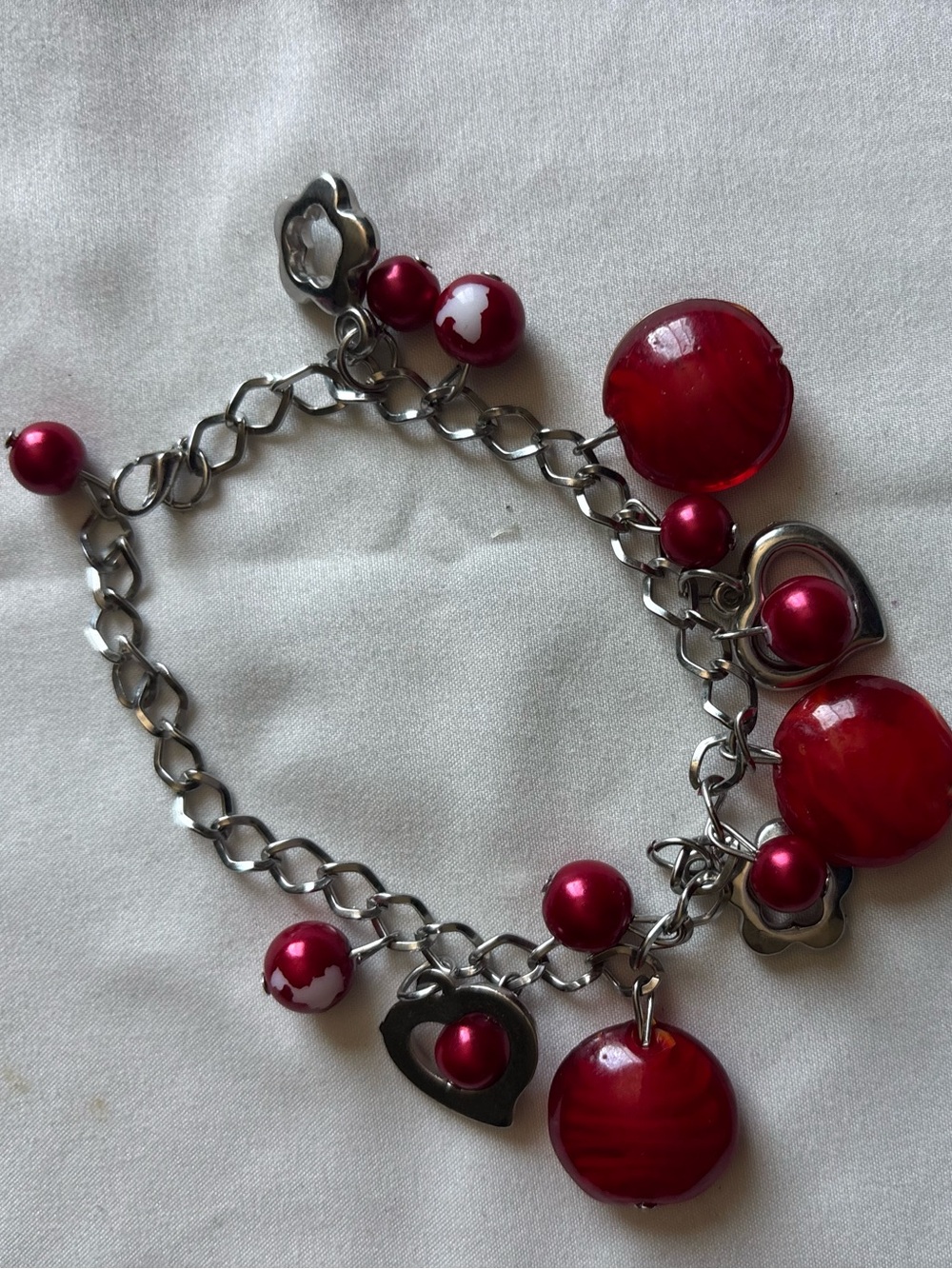 Red Beaded Heart Charm Bracelet - Women Jewelry